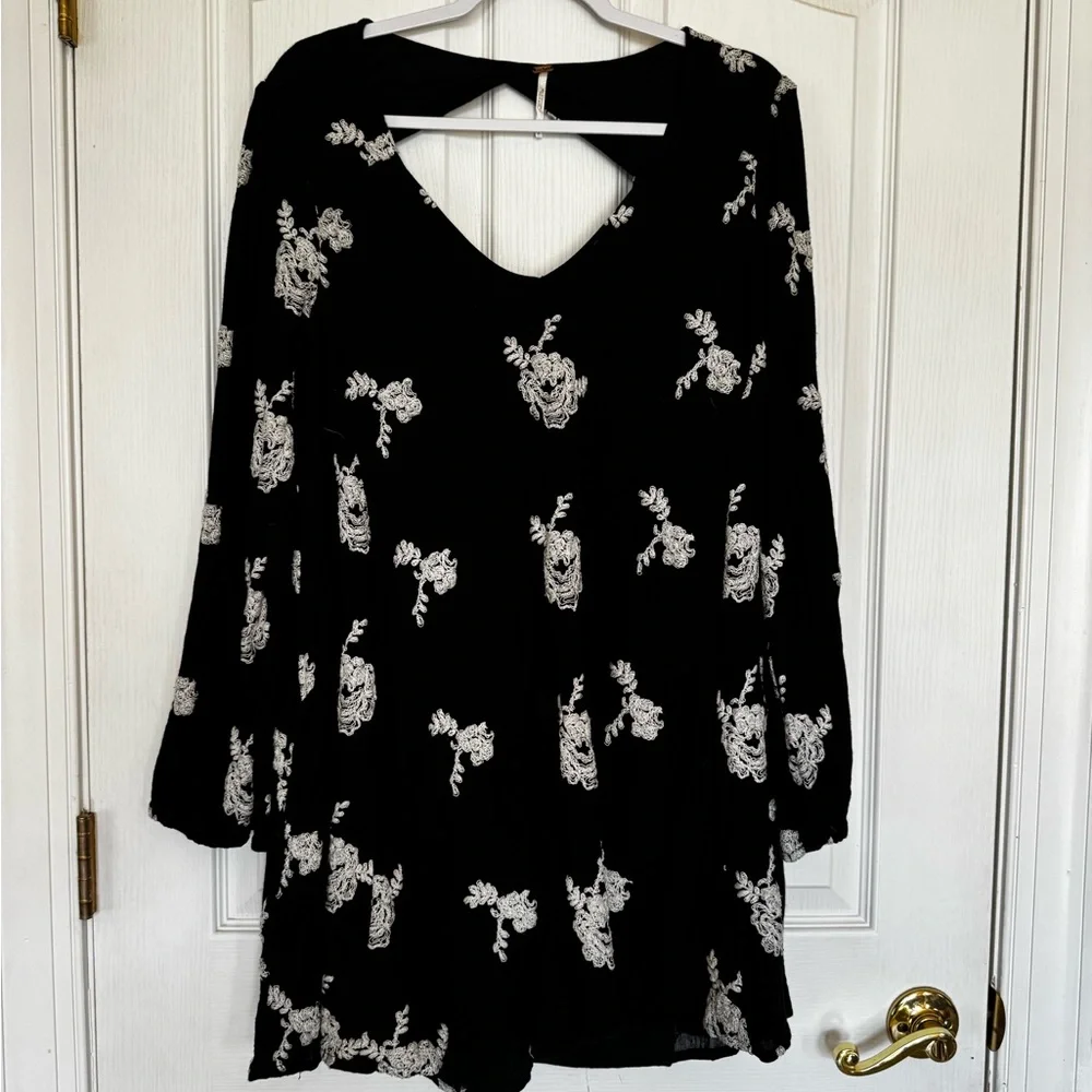 Free People Black and White Embroidered Austin Mini Dress Size Large